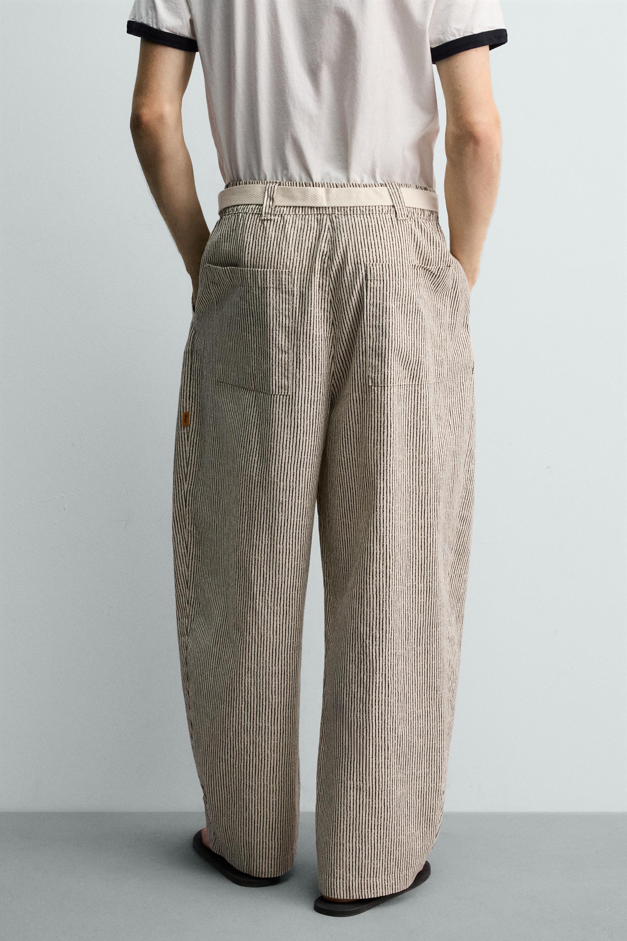 STRIPED WIDE FIT BELTED PANTS